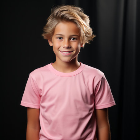 Smiling boy wearing pink T-Shirt  Mockup on black studio background. Generative Aiの素材
