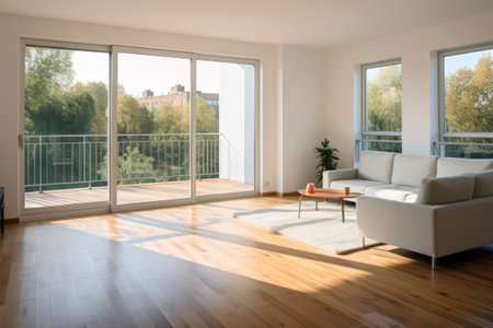 Interior of empty spacious living room with white walls and laminated  floor with doors leading to balcony. Generative Aiの素材