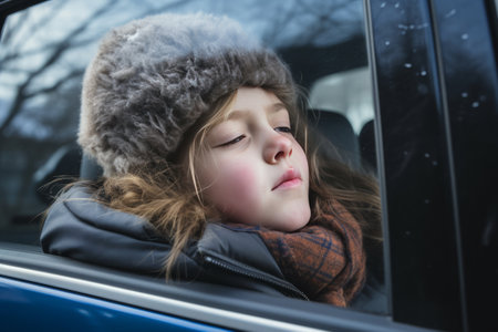 Little girl wearing  in winter clothes pressed her face against car window. Generative AIの素材