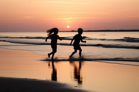 Two children running  toward the water at a beach at dusk. Generative Aiの素材