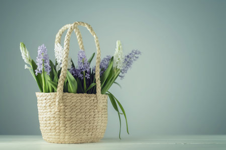 Beautiful straw bag with  seasonal purple flowers of hyacinth and carnation blossom. Generative AIの素材