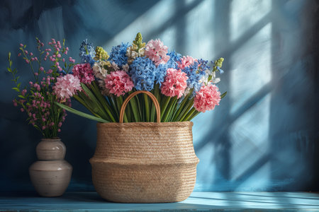 Beautiful straw bag with  seasonal purple flowers of hyacinth and carnation blossom. Generative AI