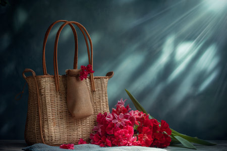 Beautiful straw bag with  seasonal purple flowers of hyacinth and carnation blossom. Generative AIの素材