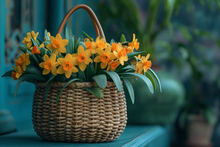Beautiful straw bag with  seasonal purple flowers of hyacinth and carnation blossom. Generative AIの素材