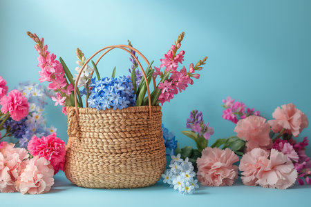 Beautiful straw bag with  seasonal purple flowers of hyacinth and carnation blossom. Generative AIの素材