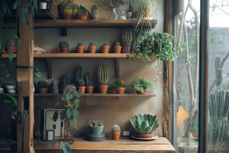Aesthetic home with  cactus and plants on a wooden shelf. Generative AIの素材