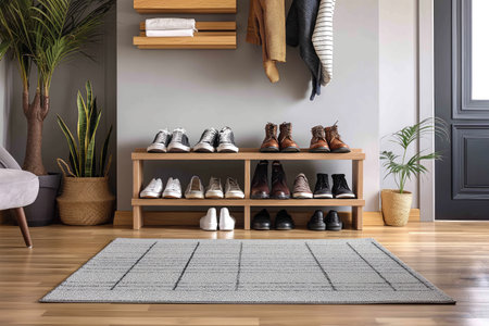 Minimalist Stylish interior  of modern hall with shoes on stand. Generative Aiの素材