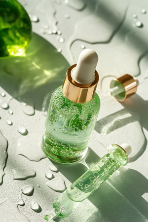 Transparent glass dropper bottle with liquid and oxygen bubbles  on background with cosmetic drops in sunlight. Generative AIの素材