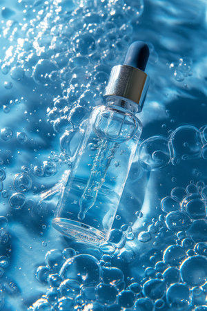 Transparent glass dropper bottle with liquid and oxygen bubbles  on background with cosmetic drops in sunlight. Generative AIの素材