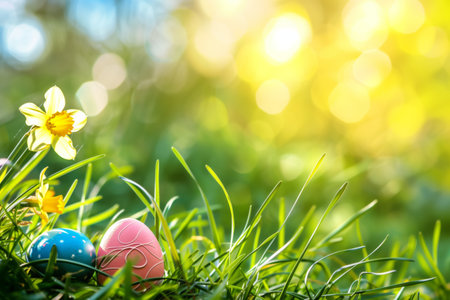 Colorful easter  eggs and bunny on green grass. Generative AIの素材