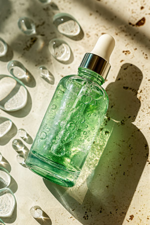 Transparent glass dropper bottle with liquid and oxygen bubbles  on background with cosmetic drops in sunlight. Generative AIの素材