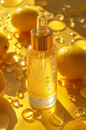 Transparent glass dropper bottle with liquid and oxygen bubbles  on background with cosmetic drops in sunlight. Generative AIの素材