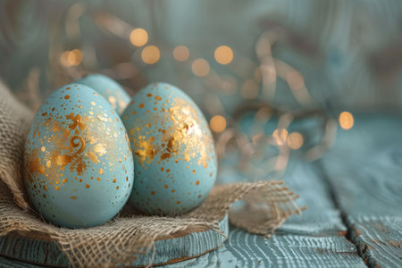 Easter eggs on wooden  background. Generative AIの素材