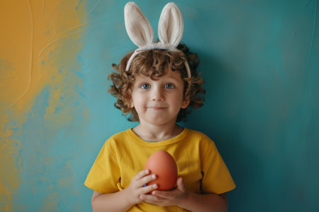 Cute toddler girl  wearing bunny ears on Easter day. Girl holding basket with painted eggs. Generative AIの素材