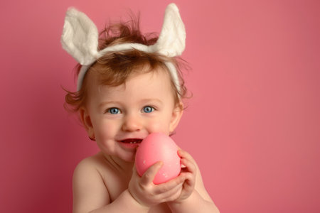 Cute toddler girl  wearing bunny ears on Easter day. Girl holding basket with painted eggs. Generative AIの素材