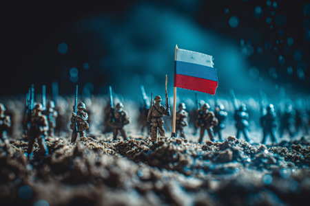 Russia on dark background. Conceptual image of war between Russia  using toy soldiers. Selective focus. Generative AIの素材