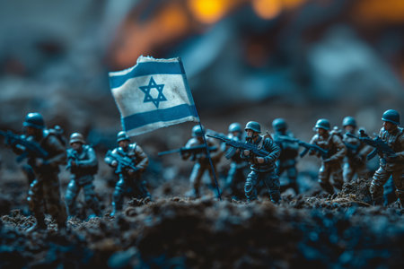 Israel on dark background.  Conceptual image of war between Israel using toy soldiers. Selective focus. Generative AIの素材