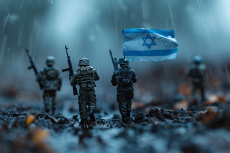 Israel on dark background.  Conceptual image of war between Israel using toy soldiers. Selective focus. Generative AIの素材