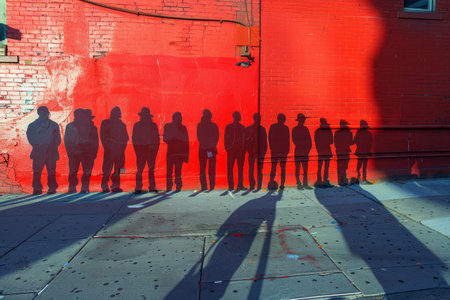 a line of shadows of people lined up against a red brick wall. Stand in  a queue to the changes. Generative AIの素材