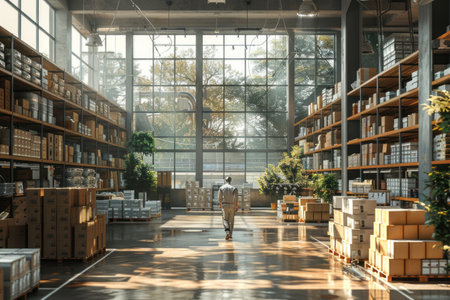 Automation warehouse  concept with 3d rendering cyborg work in warehouse. Generative AIの素材