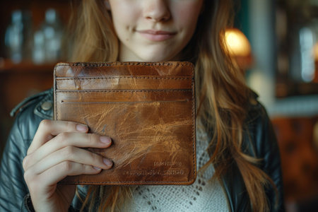 Close-up of a young womans hand holding an empty purse. No money in  the wallet. Bankruptcy, financial and debt problems. Generative AIの素材