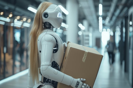 Fired office worker holding a box with her belongings and  leaving the office, humanoid AI robots waiting for a job interview. Generative AIの素材