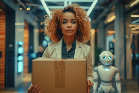 Fired office worker holding a box with her belongings and  leaving the office, humanoid AI robots waiting for a job interview. Generative AIの素材