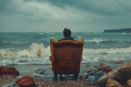 Man in a seat on  armchair lost at sea. Generative AIの素材