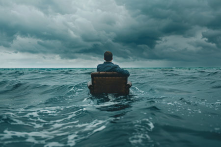 Man in a seat on  armchair lost at sea. Generative AIの素材