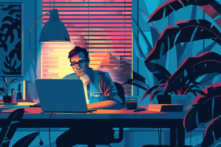 Middle-aged man  telecommuting from his wealthy home. Generative AIの素材