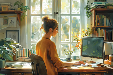 Middle-aged man  telecommuting from his wealthy home. Generative AIの素材