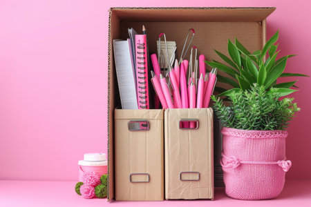 Cardboard box with office supplies on pink background. Concept  of fired and dismissed. 3D rendering. Generative AIの素材