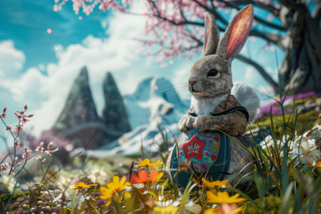 Easter bunny  wearing a costume in a fantasy world. Generative AIの素材