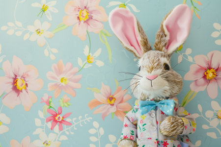 Easter bunny dressed in a costume on a floral background. Generative AIの素材