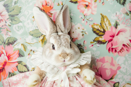 Easter bunny dressed in a costume on a floral background. Generative AIの素材