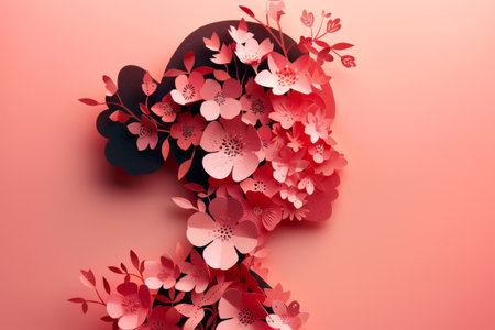 A woman crafted with paper  flowers in papercut style on a pink background. Generative AIの素材