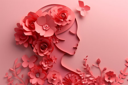 A woman crafted with paper  flowers in papercut style on a pink background. Generative AIの素材
