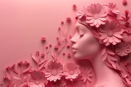 A woman crafted with paper  flowers in papercut style on a pink background. Generative AIの素材