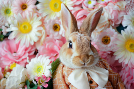 Easter bunny dressed in a costume on a floral background. Generative AIの素材
