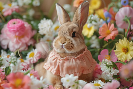 Easter bunny dressed in a costume on a floral background. Generative AIの素材