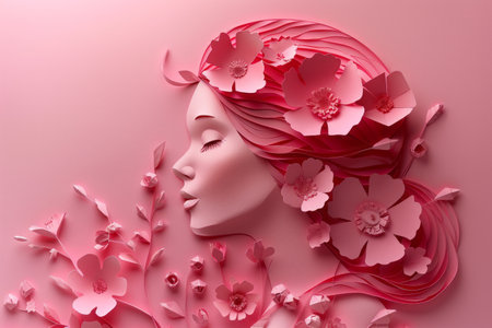 A woman crafted with paper  flowers in papercut style on a pink background. Generative AIの素材
