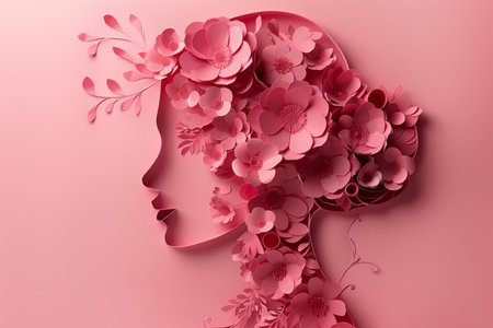 A woman crafted with paper  flowers in papercut style on a pink background. Generative AIの素材