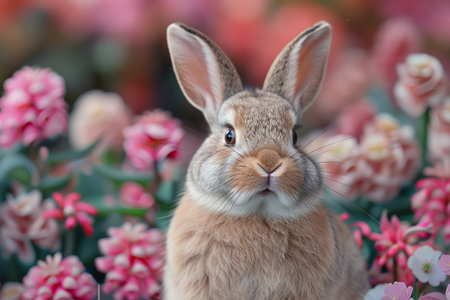 Easter bunny dressed in a costume on a floral background. Generative AIの素材