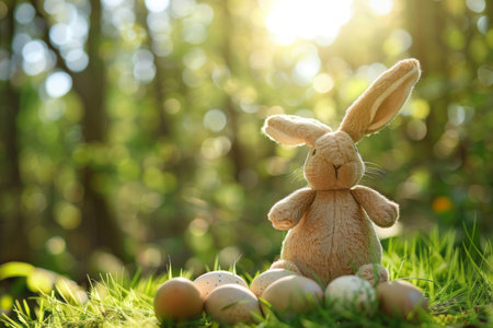 Easter bunny on a  forest background. Generative AIの素材