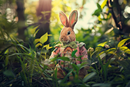 Easter bunny  wearing a costume in a fantasy world. Generative AIの素材