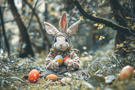Easter bunny  wearing a costume in a fantasy world. Generative AIの素材