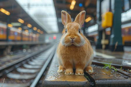 Portrait of an Easter  bunny at a train station. Generative AIの素材
