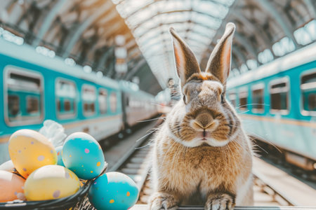 Portrait of an Easter  bunny at a train station. Generative AIの素材
