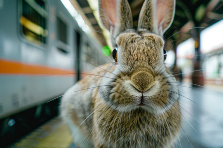 Portrait of an Easter  bunny at a train station. Generative AIの素材