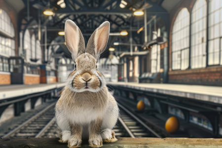 Portrait of an Easter  bunny at a train station. Generative AIの素材